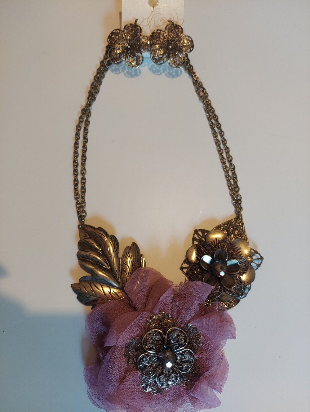 Antique Brass Floral Statement Necklace with Mauve Tulle Flower